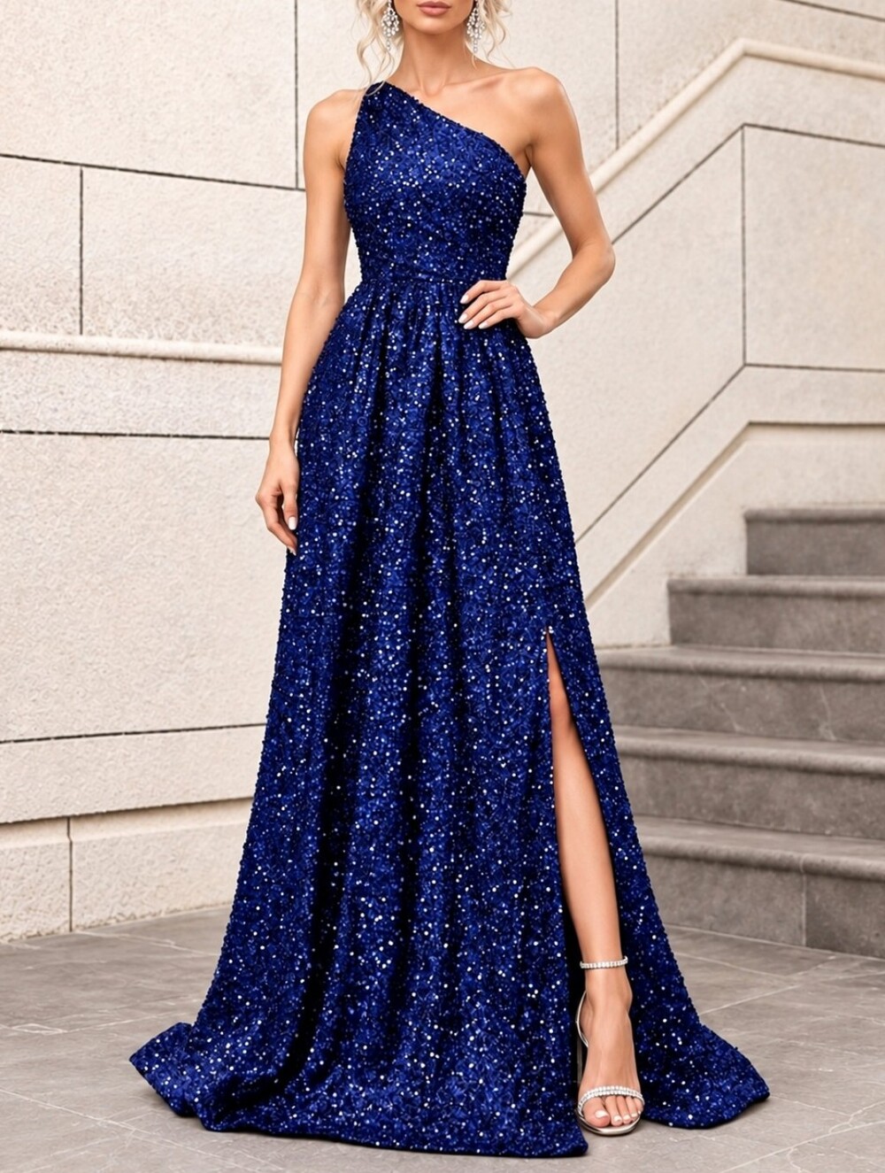 New Luxe Sequin One Shoulder Maxi Dress Gown Split Leg Royal Blue